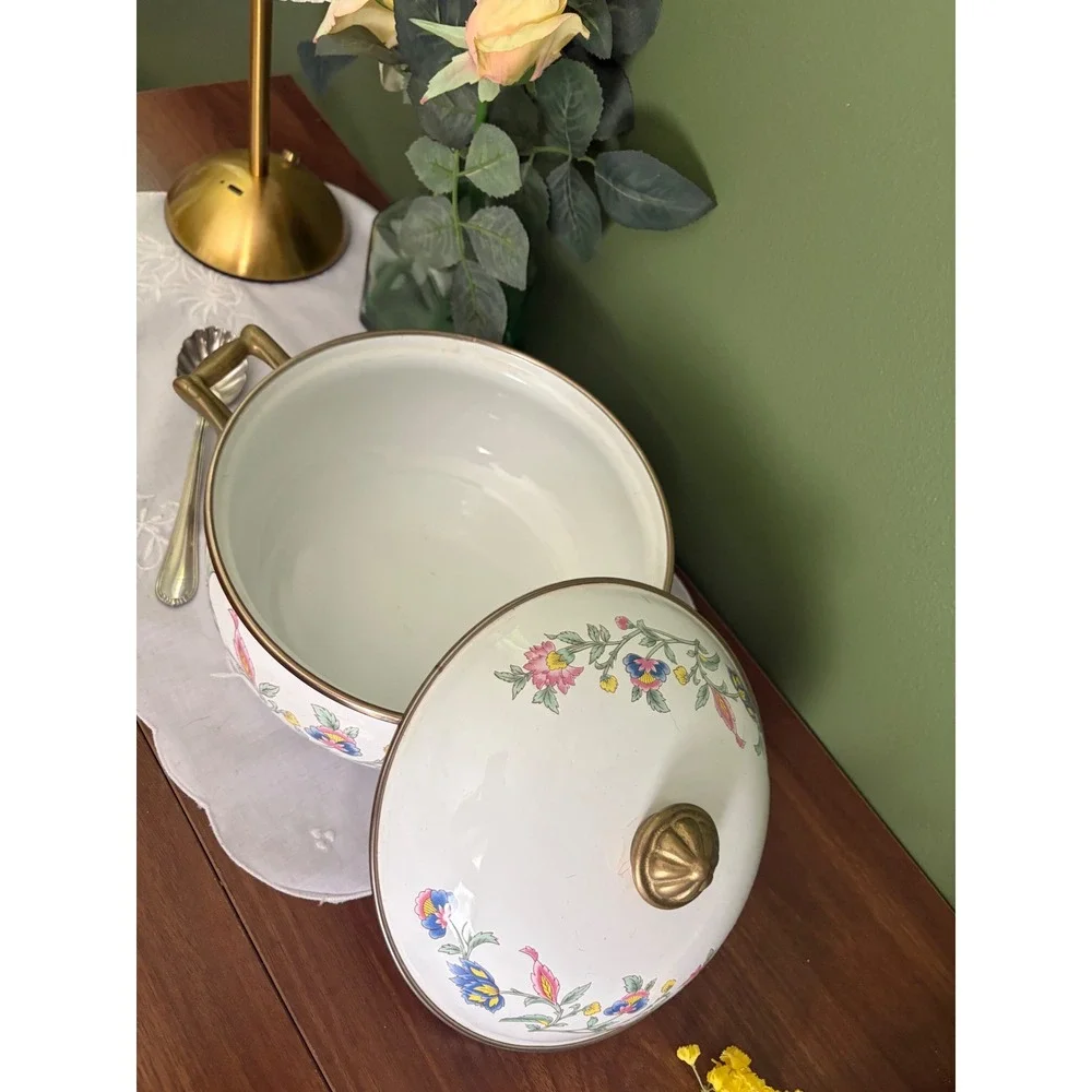 Vintage Floral Enamelware Dutch Oven White Pot with Lid Brass Handles